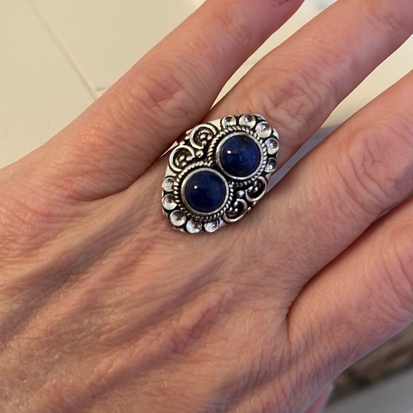 DOUBLE GEMSTONE RING SILVER OVERLAY LAPIS LAZULI SIZE 7.25 - Picture 6 of 6